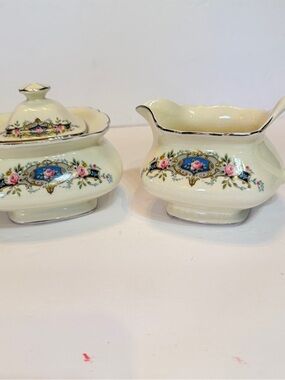 Lido W.S. George Canarytone 187A Pink Rose w Blue, Sugar Bowl Pitcher 1930s Good